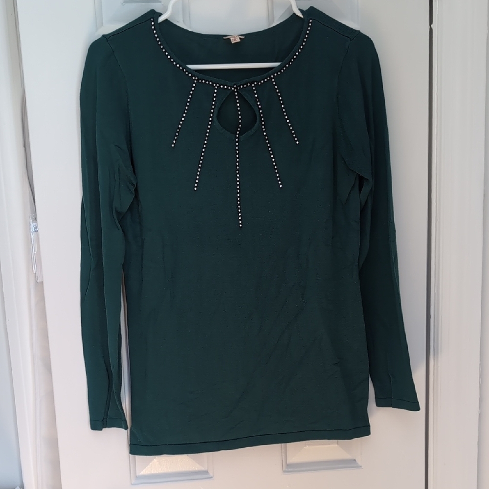 Reba Teal Long Sleeve Blouse with Beaded Neckline
